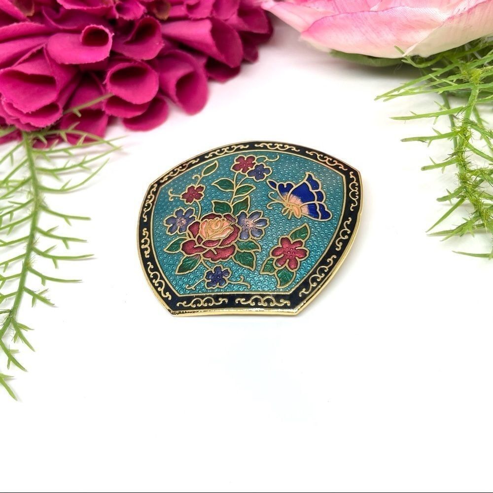 VINTAGE⚜️CLOISONNÉ Butterfly Floral Enameled Brooch - Picture 3 of 7